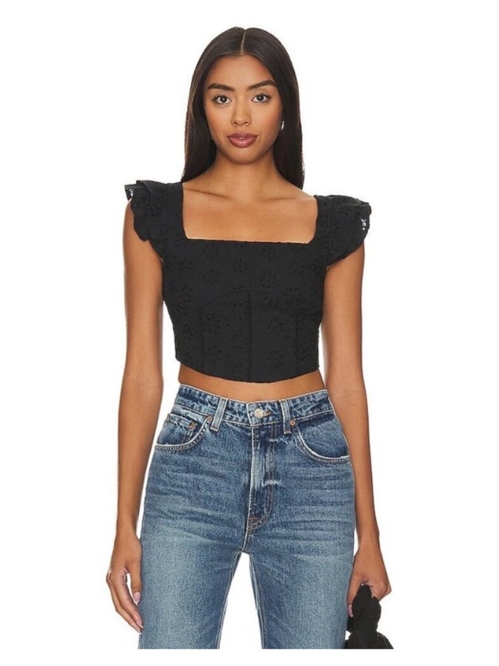 Tularosa Evangeline Top in Black Eyelet Crop Corset Back Blouse Size XL